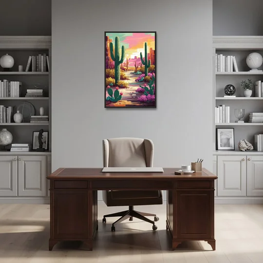 Tombstone Cactus Landscape - Black Framed Canvas Wall Art - Office - 24x36