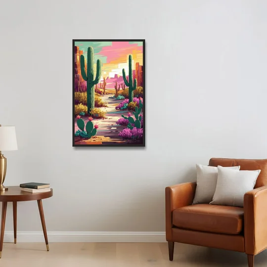 Tombstone Cactus Landscape - Black Framed Canvas Wall Art - Sofa - 24x36