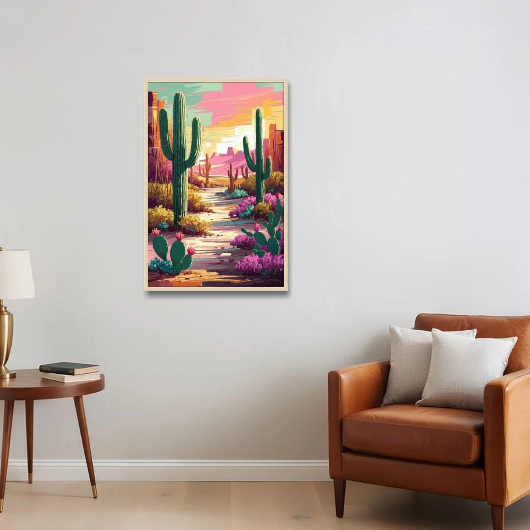 Tombstone Cactus Landscape - Oak Framed Canvas Wall Art - Sofa - 24x36