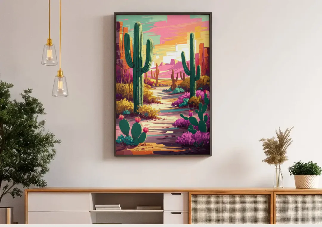 Tombstone Cactus Landscape canvas wall art above a wooden sideboard under pendant lights