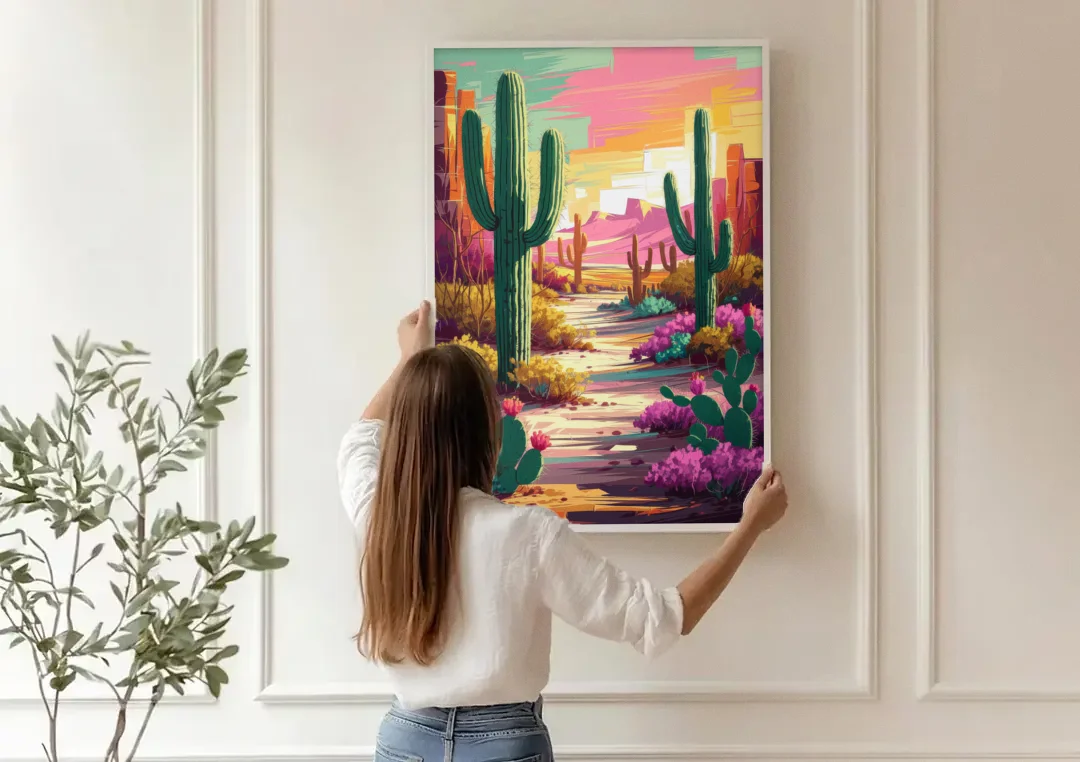 Tombstone Cactus Landscape canvas wall art being hung on a paneled wall