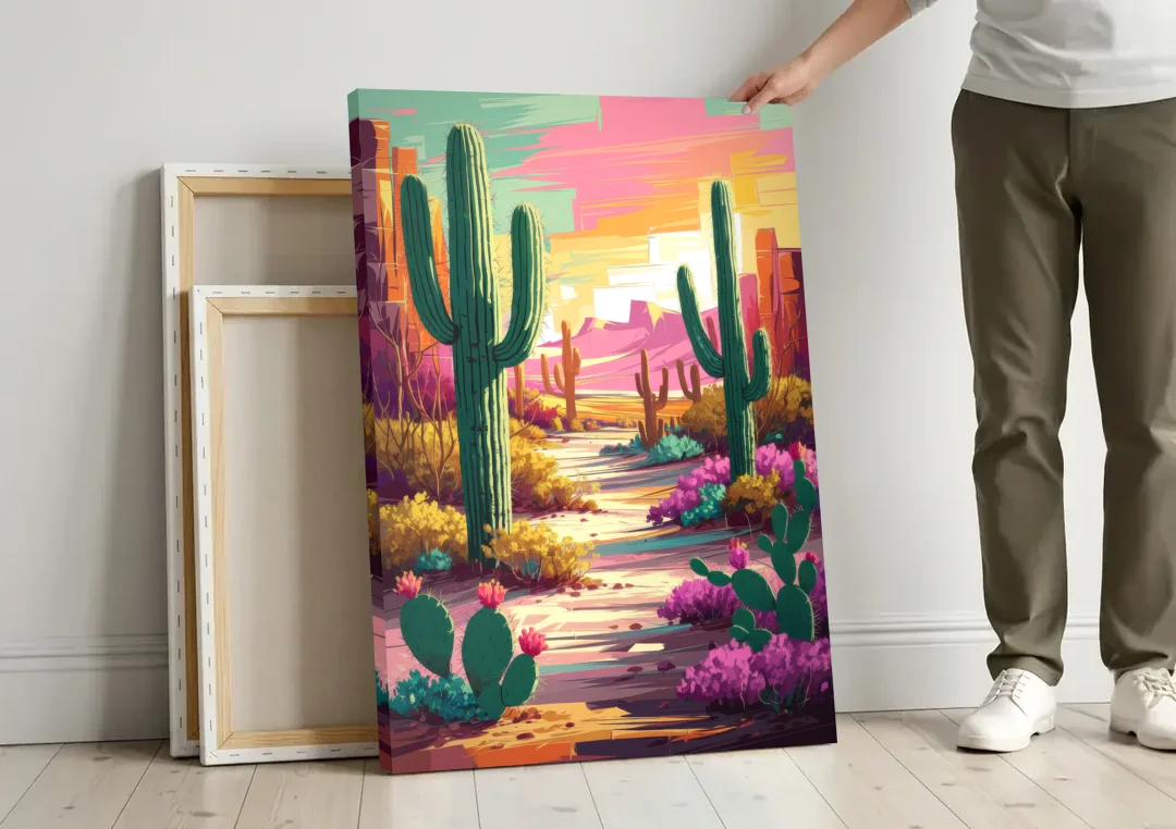 Tombstone Cactus Landscape canvas wall art leaning against a wall next to blank canvases