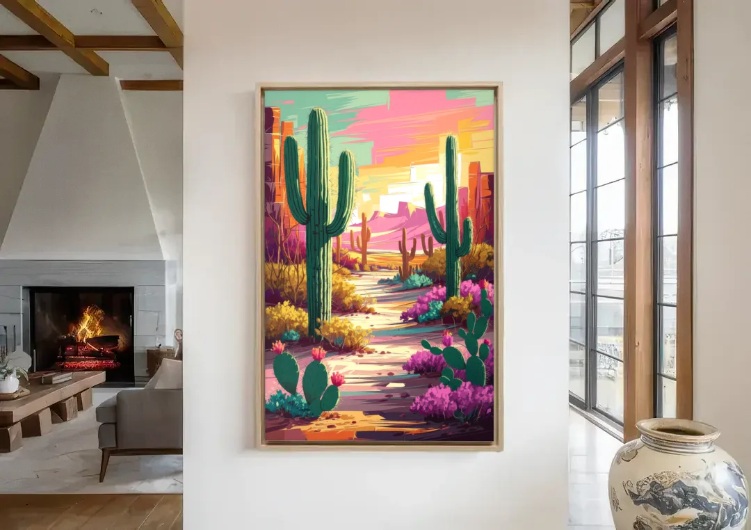 Tombstone Cactus Landscape canvas wall art in a living room with a fireplace