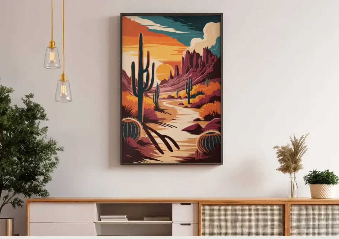 Tombstone Desert Sunset canvas wall art above a wooden sideboard under pendant lights