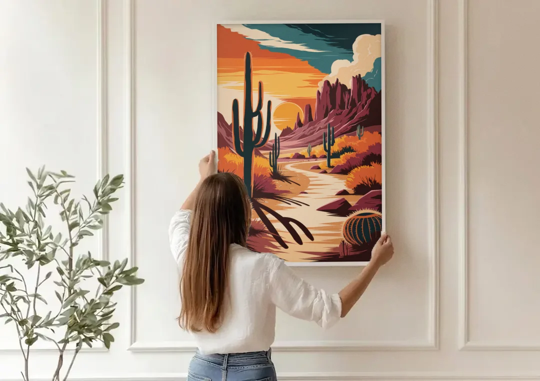 Tombstone Desert Sunset canvas wall art being hung on a paneled wall