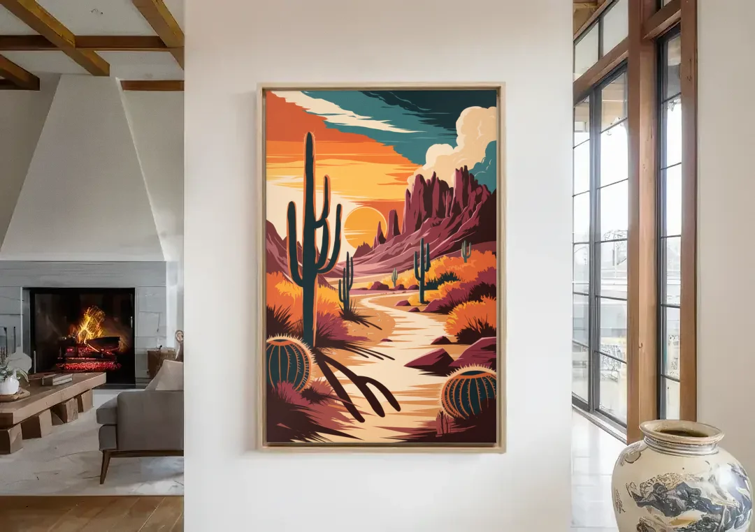 Tombstone Desert Sunset canvas wall art in a living room with a fireplace