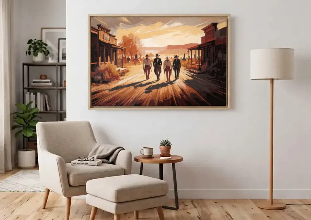 Tombstone Gunfight Scenery canvas wall art above an armchair in a bright living room