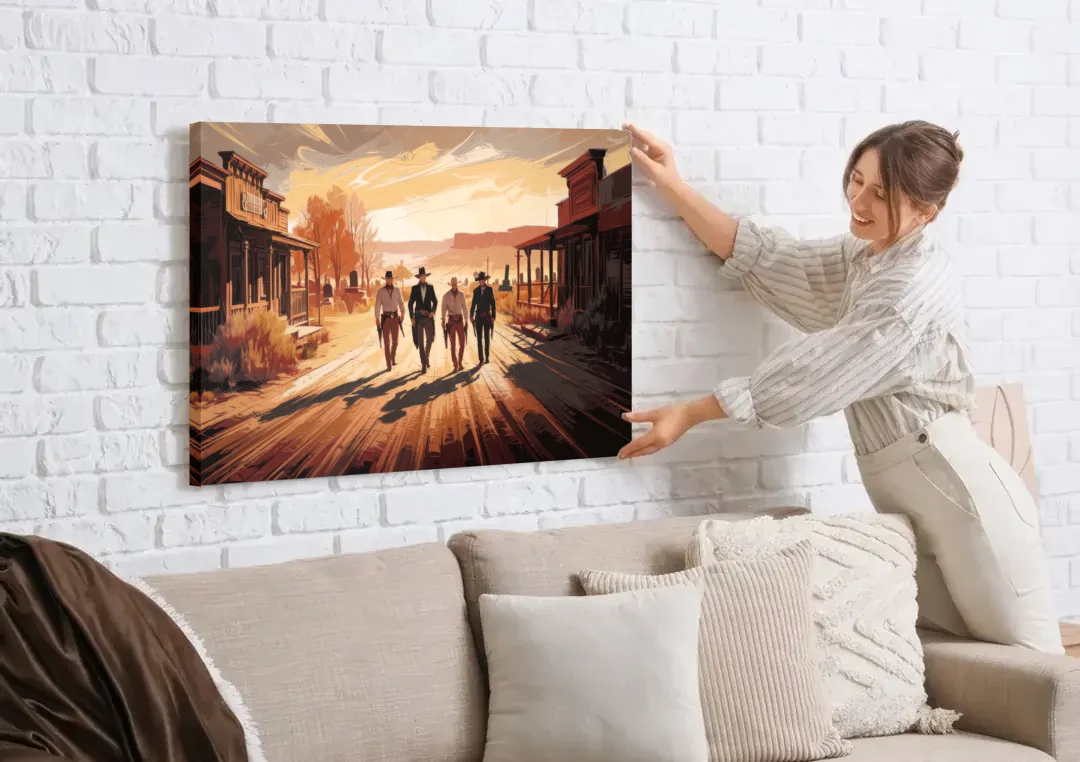 Tombstone Gunfight Scenery canvas wall art being hung on a white brick wall above a sofa