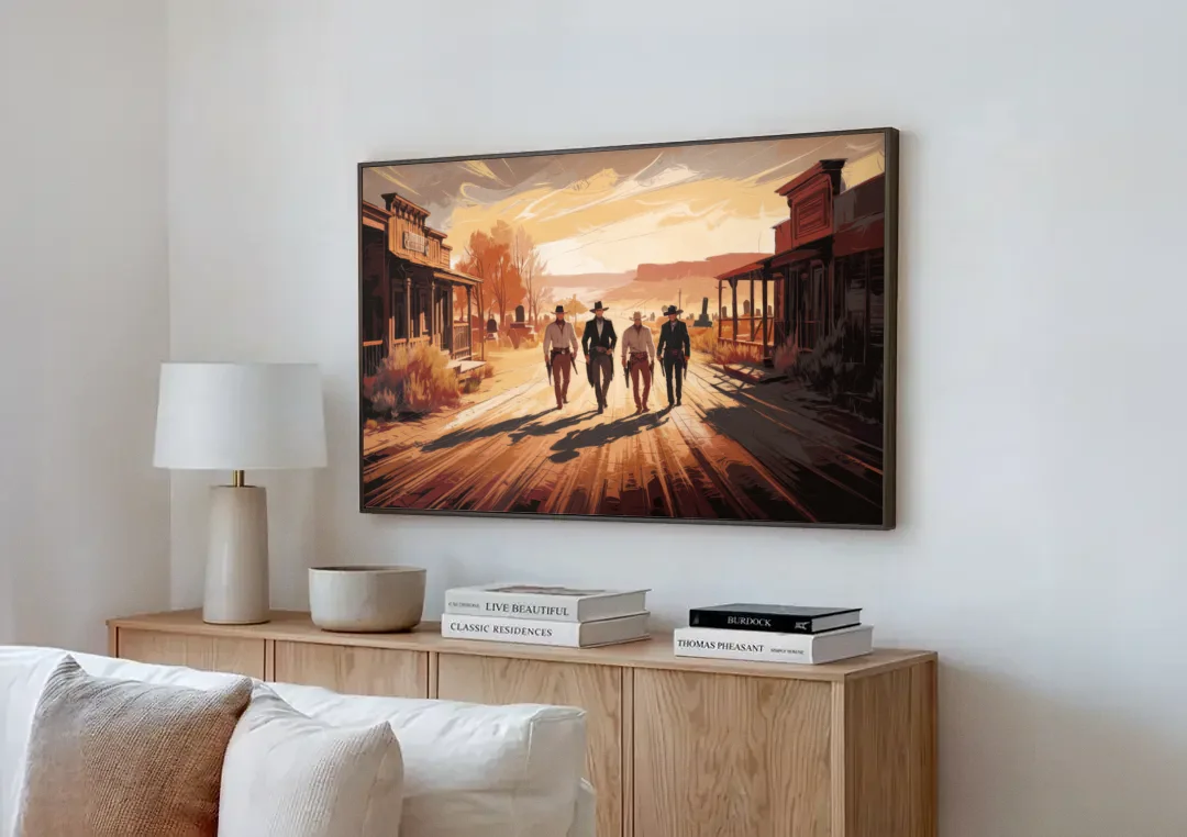 Tombstone Gunfight Scenery canvas wall art above a wooden sideboard next to a sofa