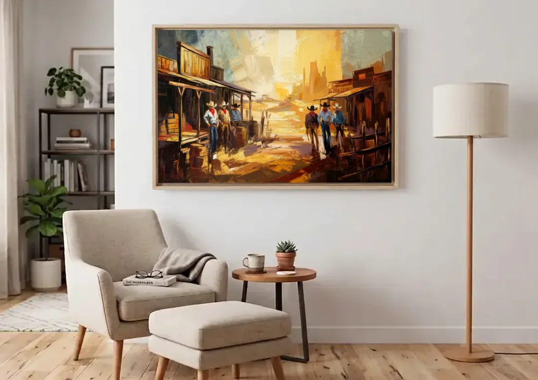 Tombstone Historic Landmarks canvas wall art above an armchair in a bright living room