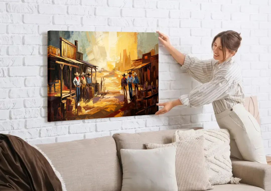 Tombstone Historic Landmarks canvas wall art being hung on a white brick wall above a sofa