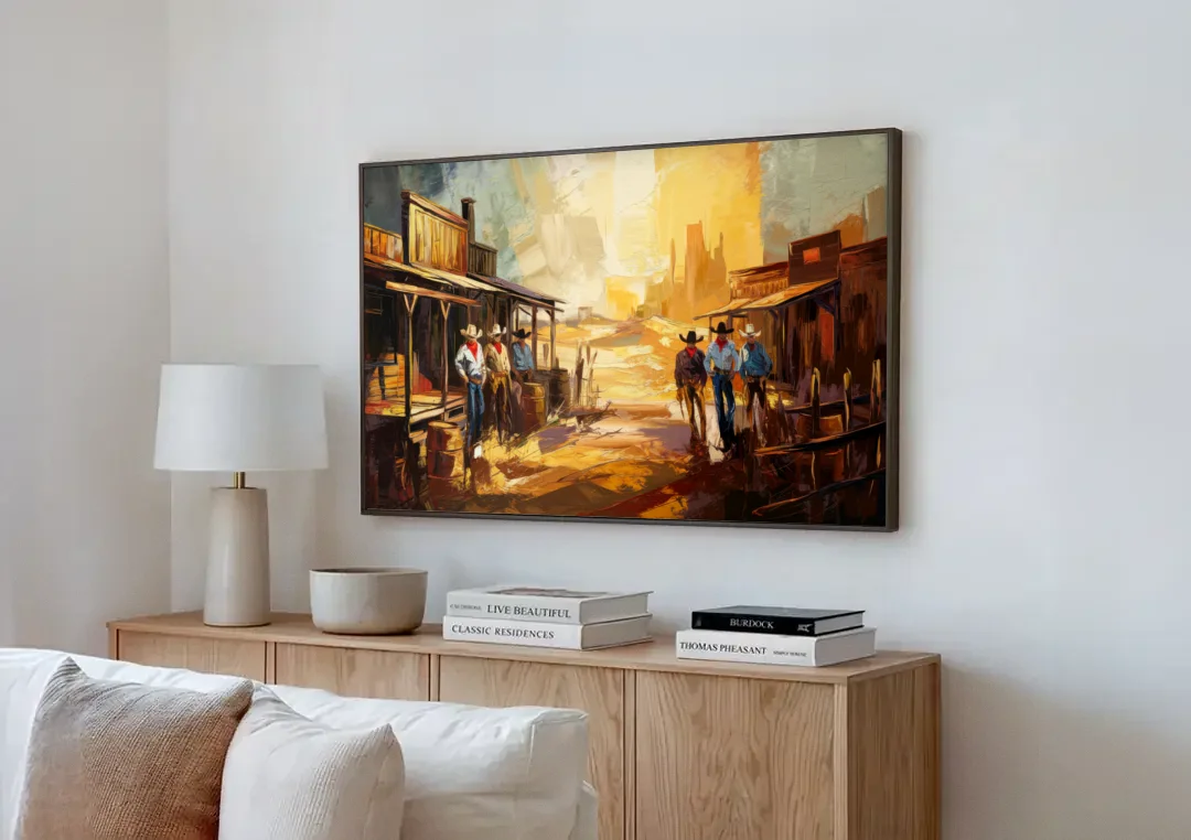 Tombstone Historic Landmarks canvas wall art above a wooden sideboard next to a sofa