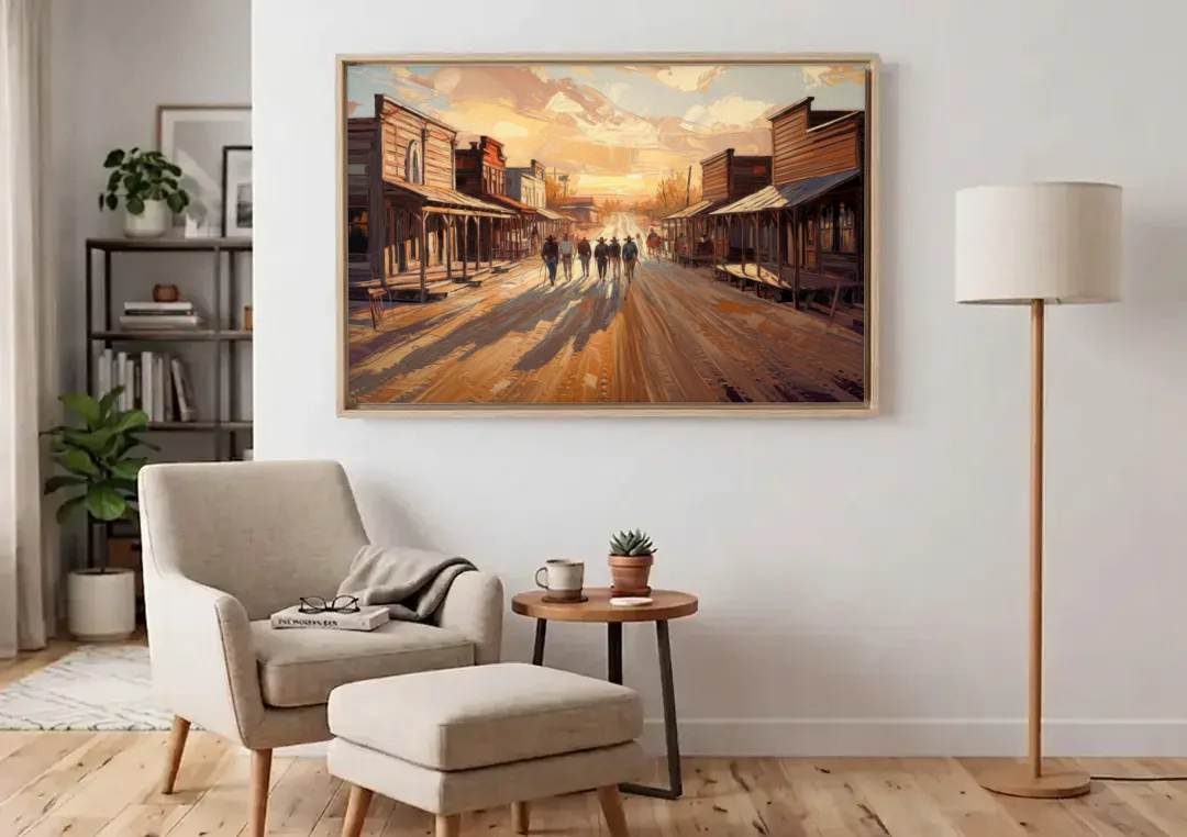 Tombstone Historic Main Street canvas wall art above an armchair in a bright living room
