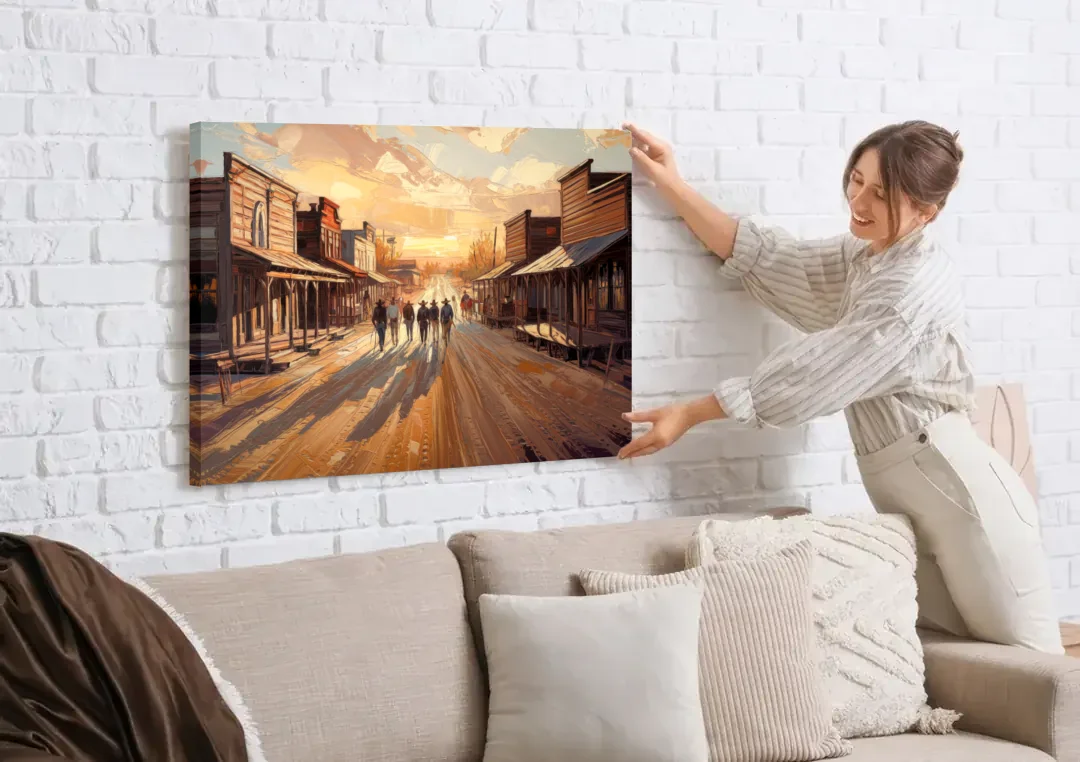 Tombstone Historic Main Street canvas wall art being hung on a white brick wall above a sofa