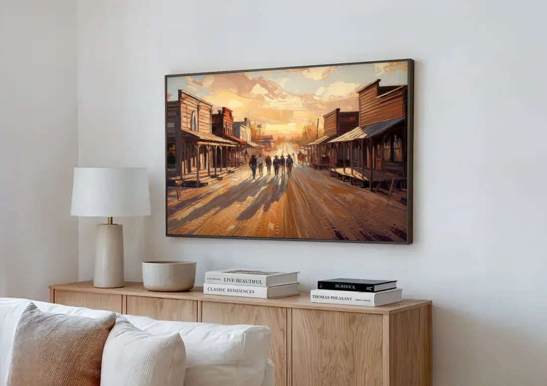 Tombstone Historic Main Street canvas wall art above a wooden sideboard next to a sofa