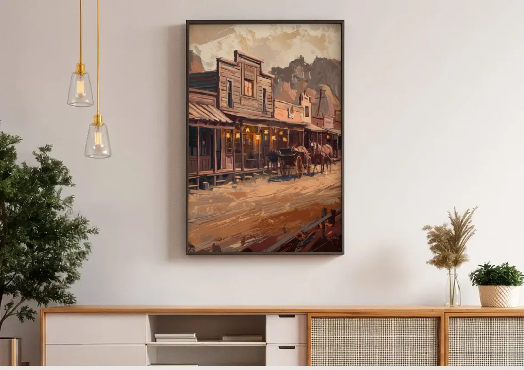 Tombstone Old West Charm canvas wall art above a wooden sideboard under pendant lights