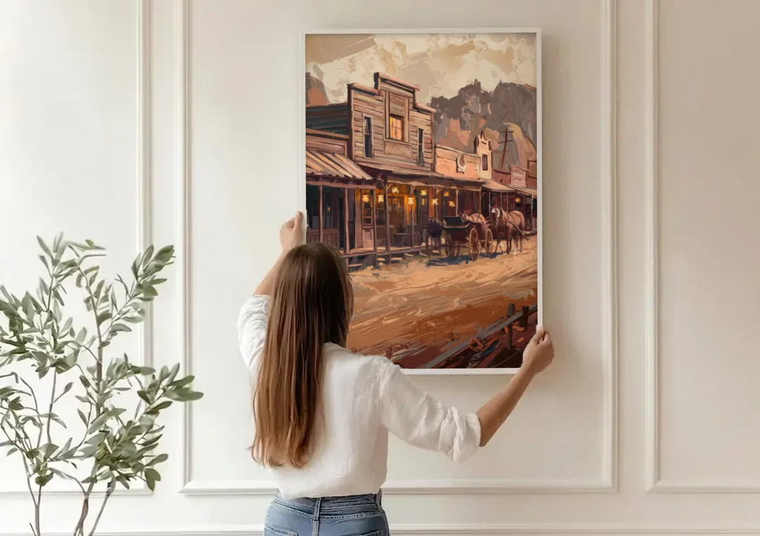 Tombstone Old West Charm canvas wall art being hung on a paneled wall