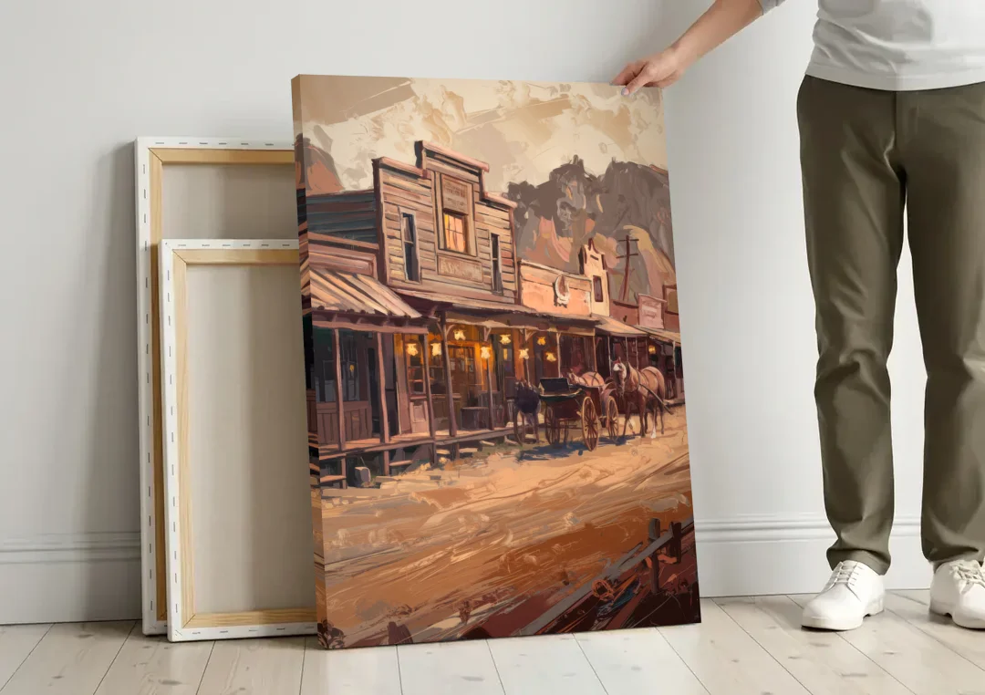 Tombstone Old West Charm canvas wall art leaning against a wall next to blank canvases