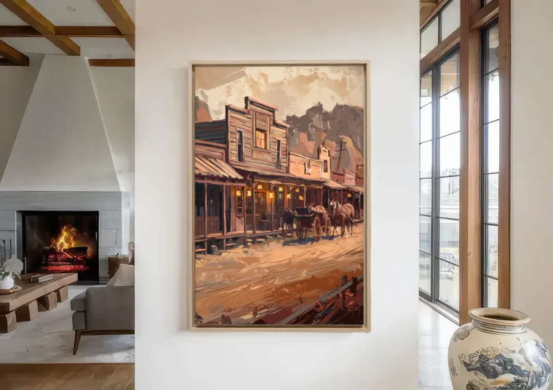 Tombstone Old West Charm canvas wall art in a living room with a fireplace
