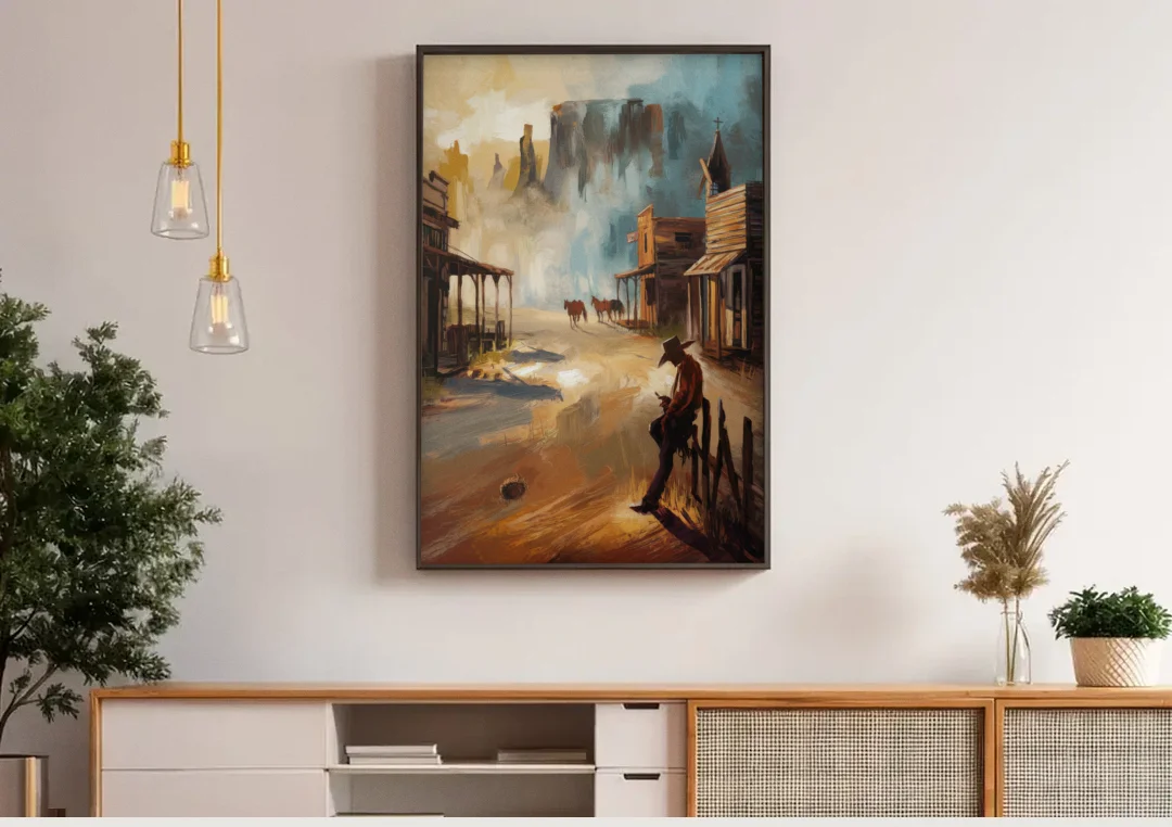 Tombstone Western Heritage canvas wall art above a wooden sideboard under pendant lights