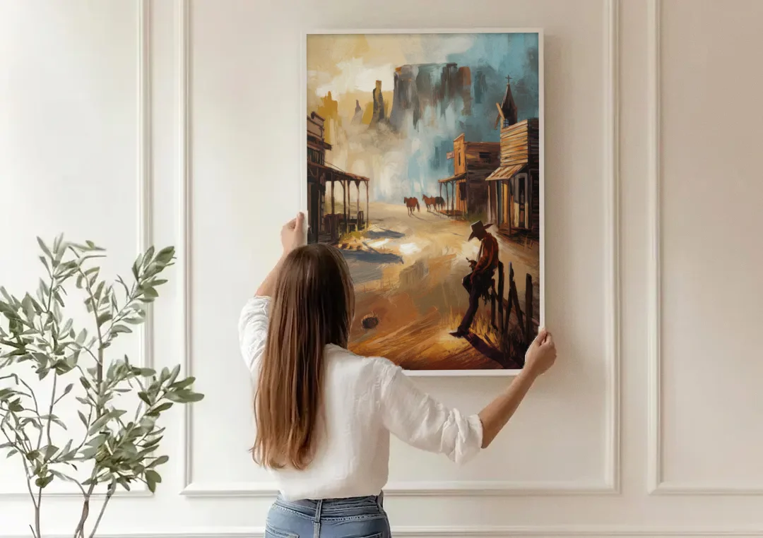 Tombstone Western Heritage canvas wall art being hung on a paneled wall