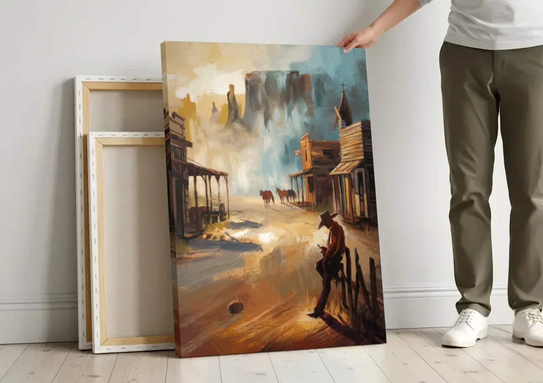 Tombstone Western Heritage canvas wall art leaning against a wall next to blank canvases