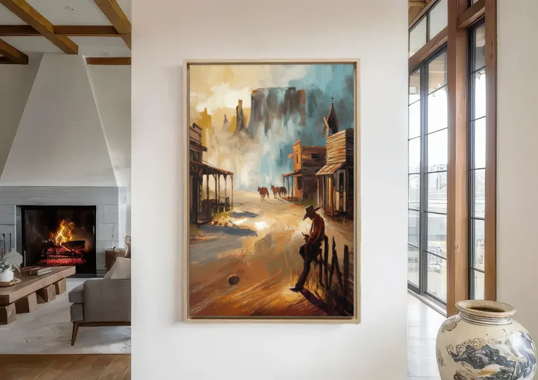 Tombstone Western Heritage canvas wall art in a living room with a fireplace