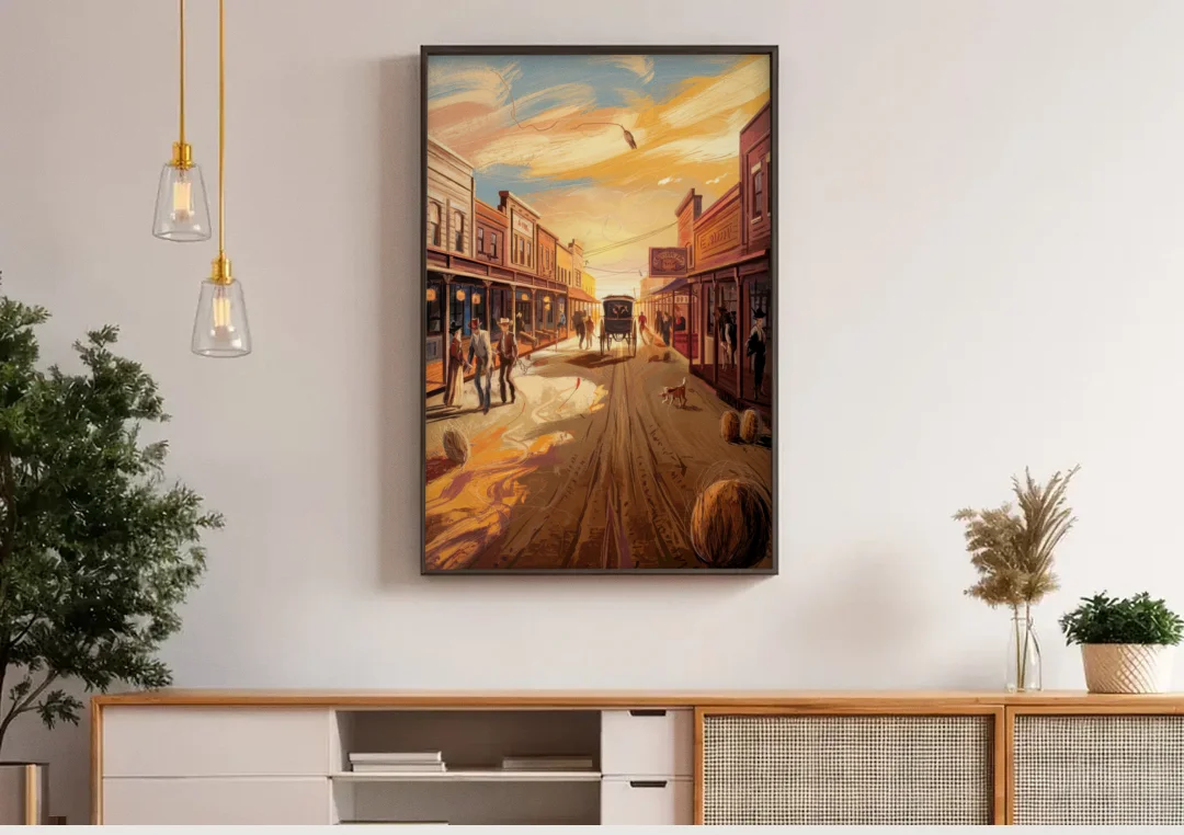 Tombstone Wild West Vibes canvas wall art above a wooden sideboard under pendant lights