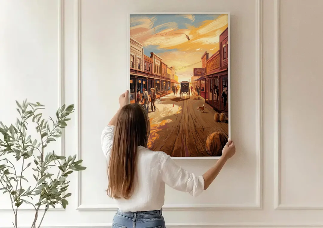 Tombstone Wild West Vibes canvas wall art being hung on a paneled wall