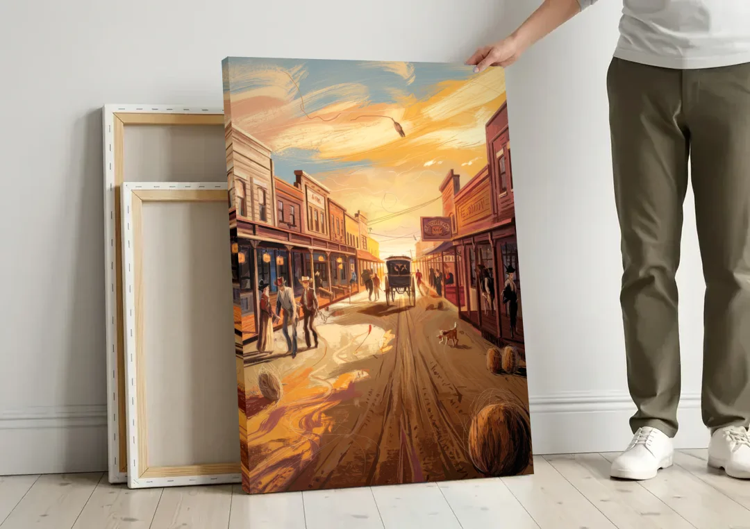 Tombstone Wild West Vibes canvas wall art leaning against a wall next to blank canvases