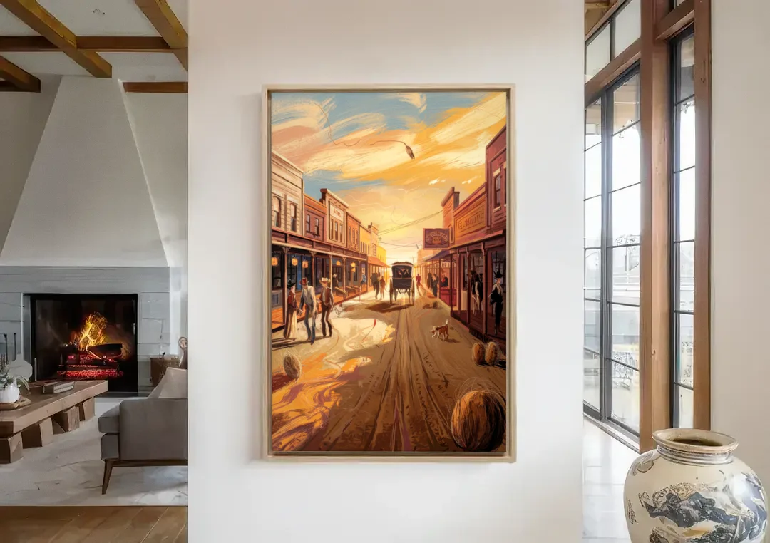 Tombstone Wild West Vibes canvas wall art in a living room with a fireplace