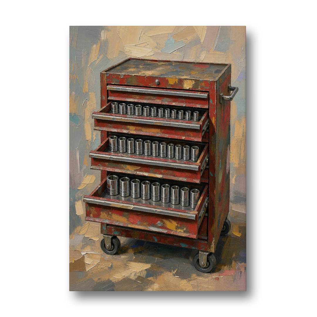 Toolbox Painting with Three Open Drawers - Canvas Wall Art - Front