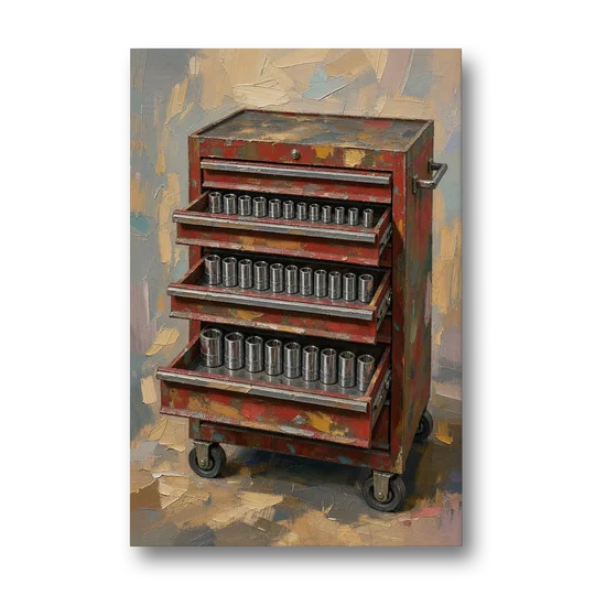 Toolbox Painting with Three Open Drawers - Canvas Wall Art - Front