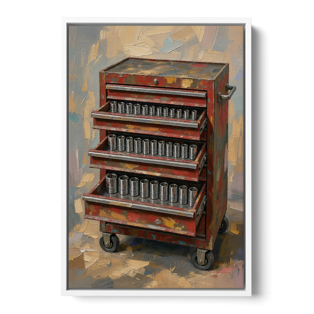 Toolbox Painting with Three Open Drawers - White Framed Canvas Wall Art - Front