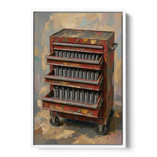 Toolbox Painting with Three Open Drawers - White Framed Canvas Wall Art - Front