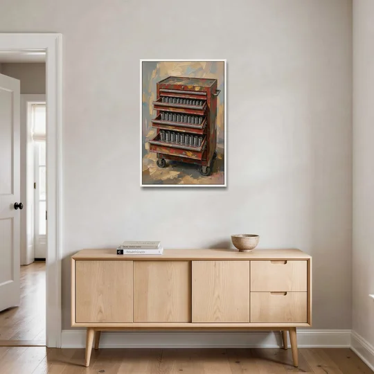 Toolbox Painting with Three Open Drawers - White Framed Canvas Wall Art - Coffee Table - 24x36