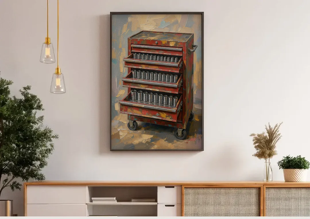 Toolbox Painting with Three Open Drawers canvas wall art above a wooden sideboard under pendant lights