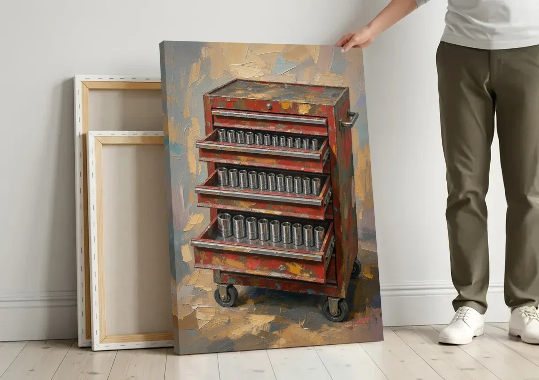 Toolbox Painting with Three Open Drawers canvas wall art leaning against a wall next to blank canvases