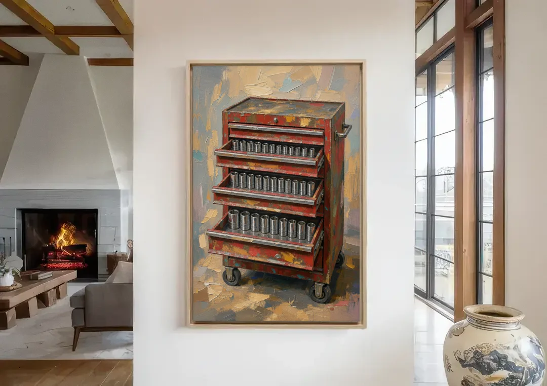 Toolbox Painting with Three Open Drawers canvas wall art in a living room with a fireplace