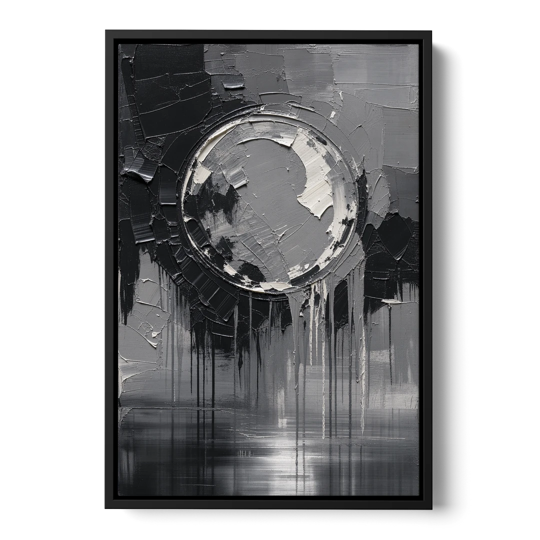 Torn Grey Circle Over Black Drips - Black Framed Canvas Wall Art - Front