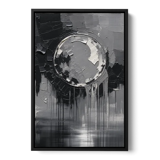 Torn Grey Circle Over Black Drips - Black Framed Canvas Wall Art - Front