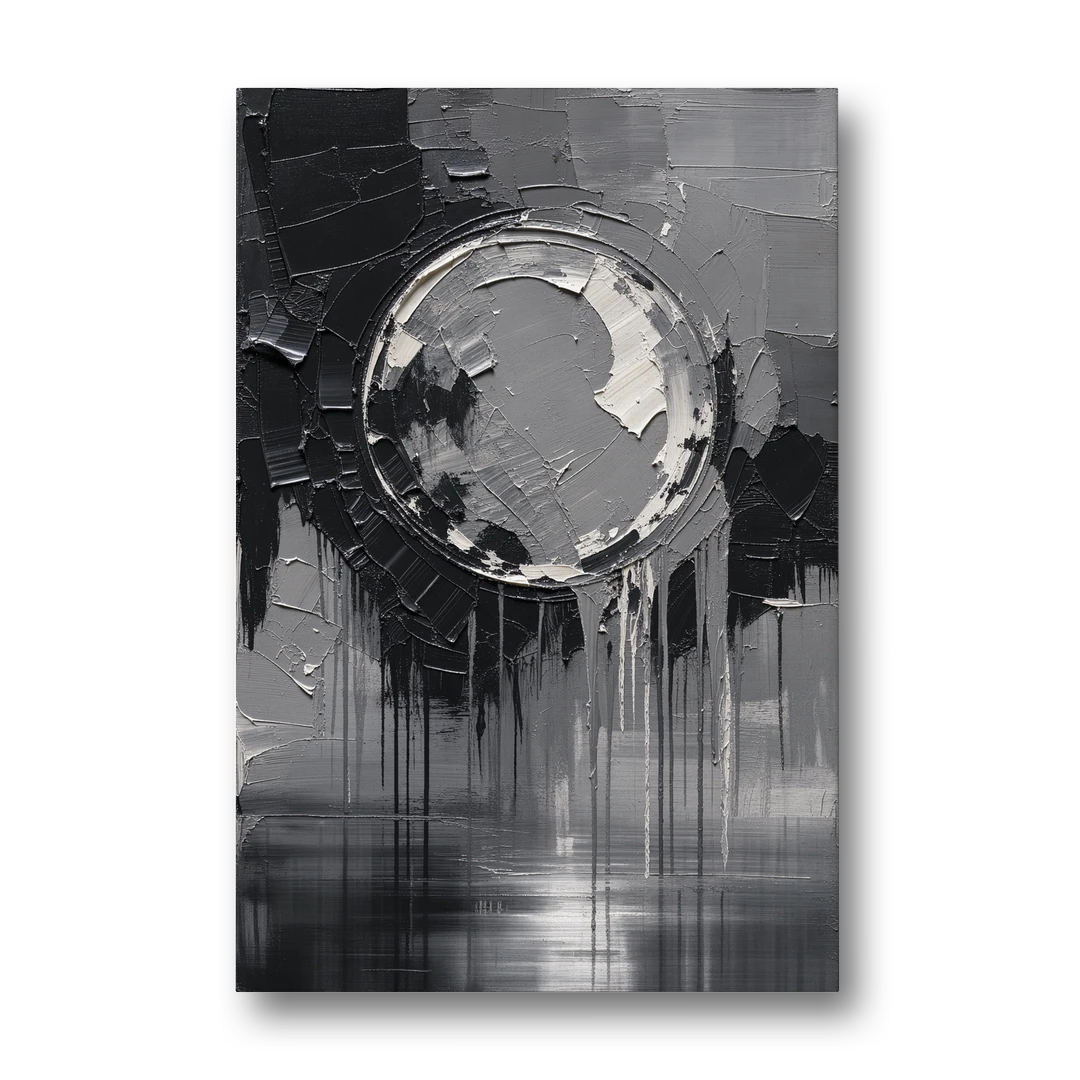 Torn Grey Circle Over Black Drips - Canvas Wall Art - Front