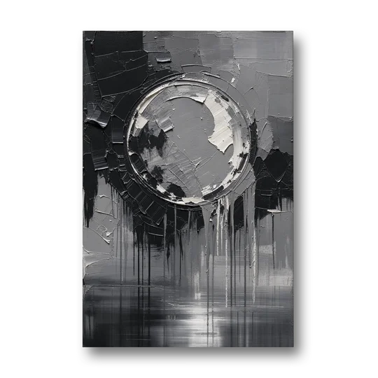 Torn Grey Circle Over Black Drips - Canvas Wall Art - Front