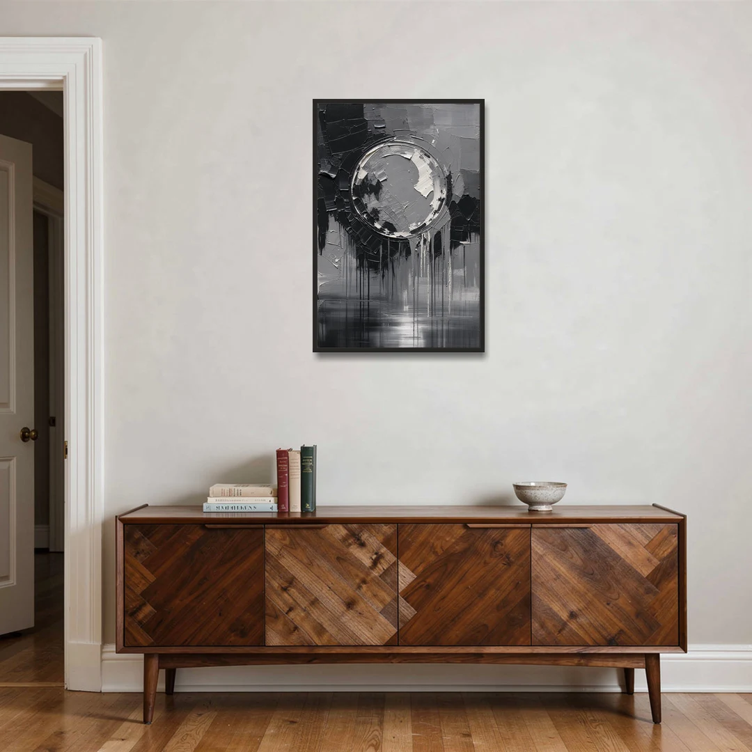 Torn Grey Circle Over Black Drips - Black Framed Canvas Wall Art - Coffee Table - 24x36