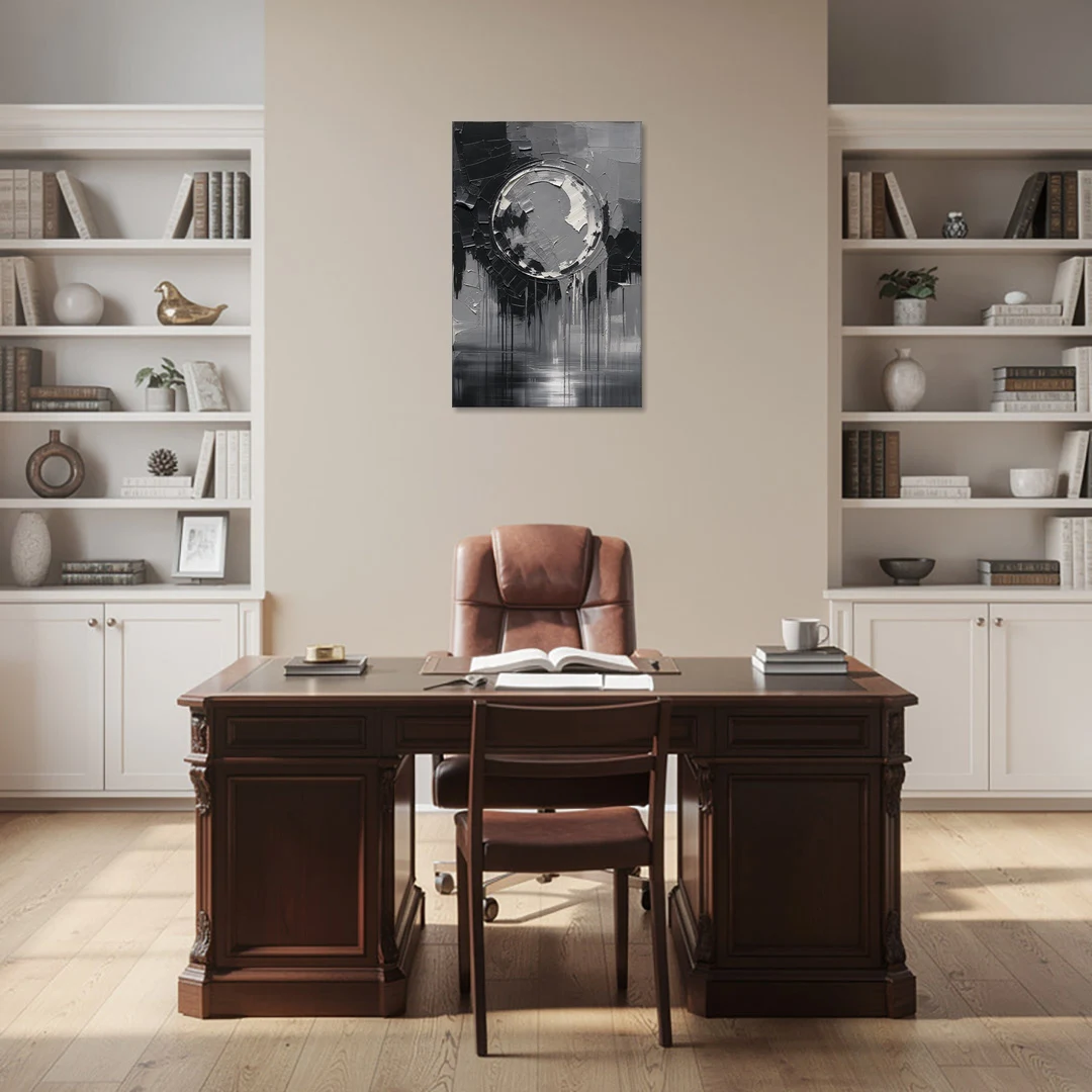 Torn Grey Circle Over Black Drips - Canvas Wall Art - Office - 24x36