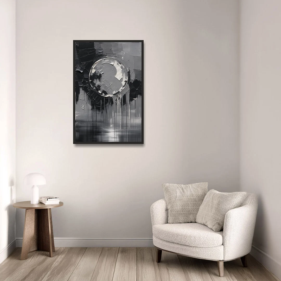 Torn Grey Circle Over Black Drips - Black Framed Canvas Wall Art - Sofa - 24x36