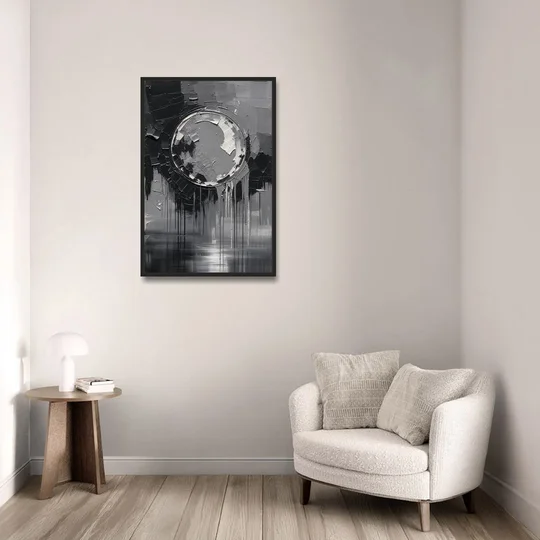 Torn Grey Circle Over Black Drips - Black Framed Canvas Wall Art - Sofa - 24x36