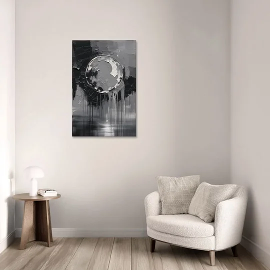 Torn Grey Circle Over Black Drips - Canvas Wall Art - Sofa - 24x36