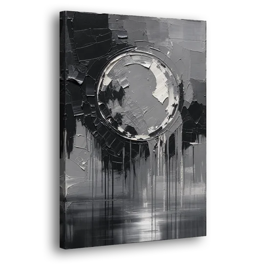 Torn Grey Circle Over Black Drips - Canvas Wall Art - Side