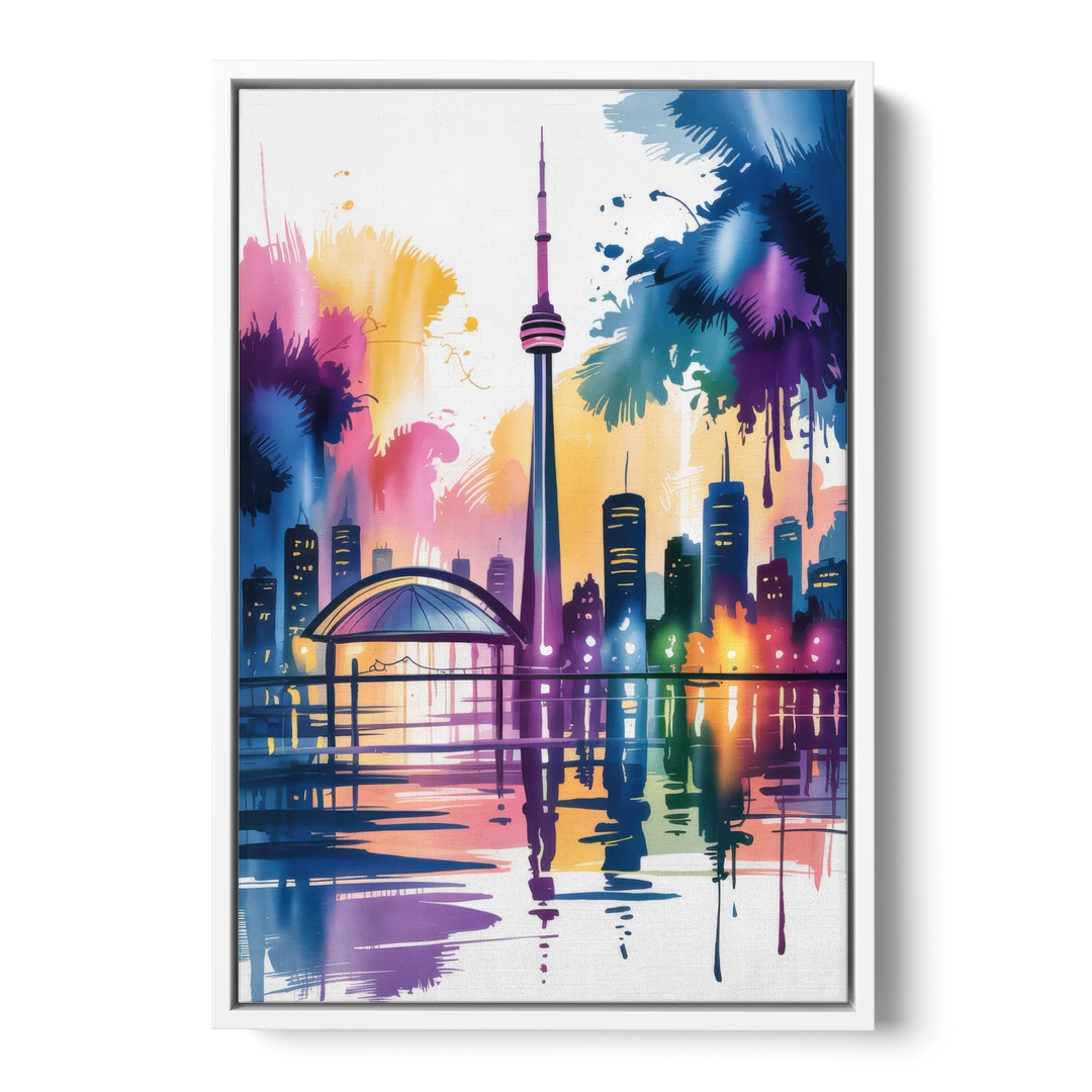 Toronto City Lights - White Framed Canvas Wall Art - Front